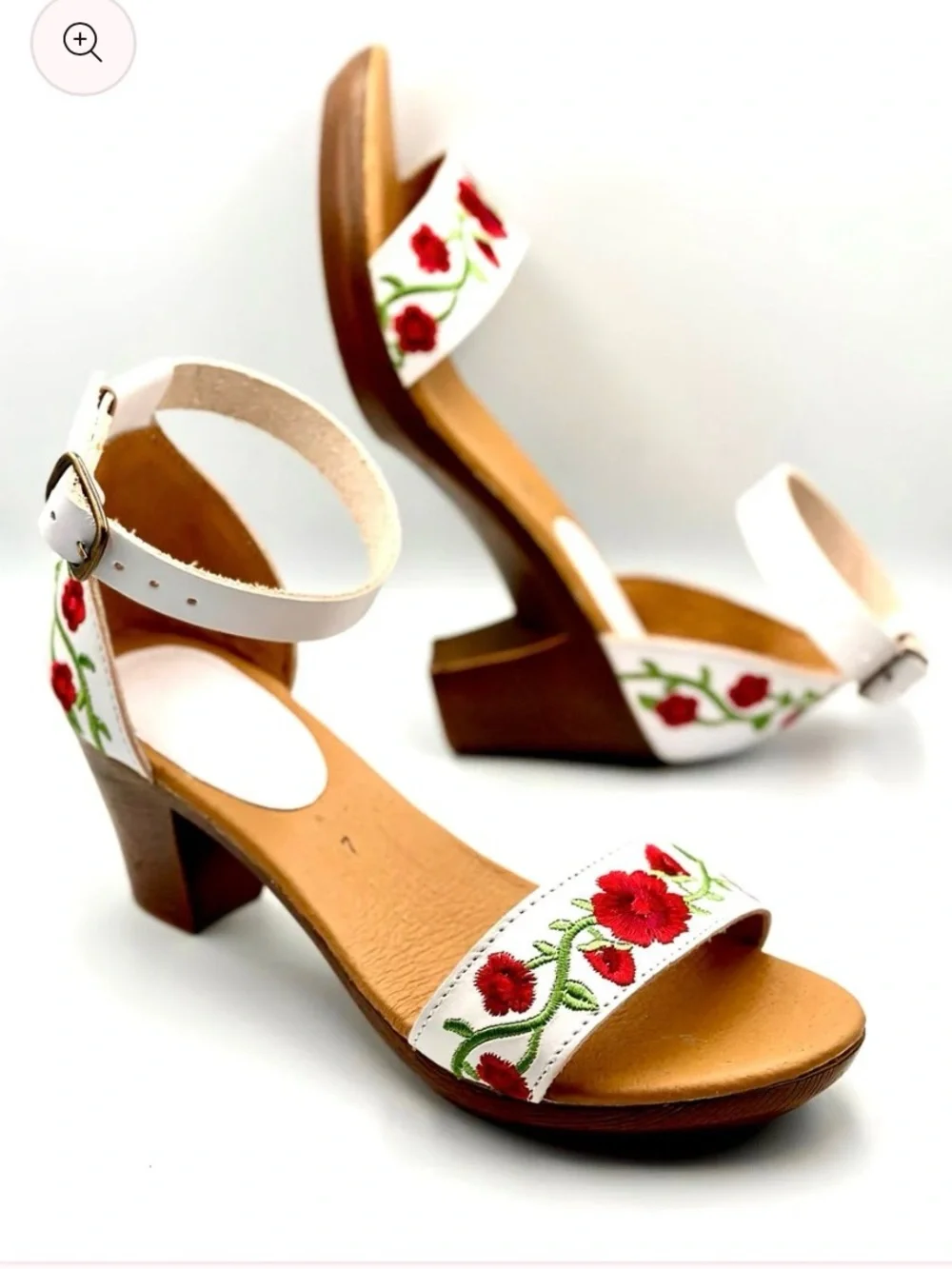 White Floral Embroidered Ankle-Strap Heels - Picture 5 of 7